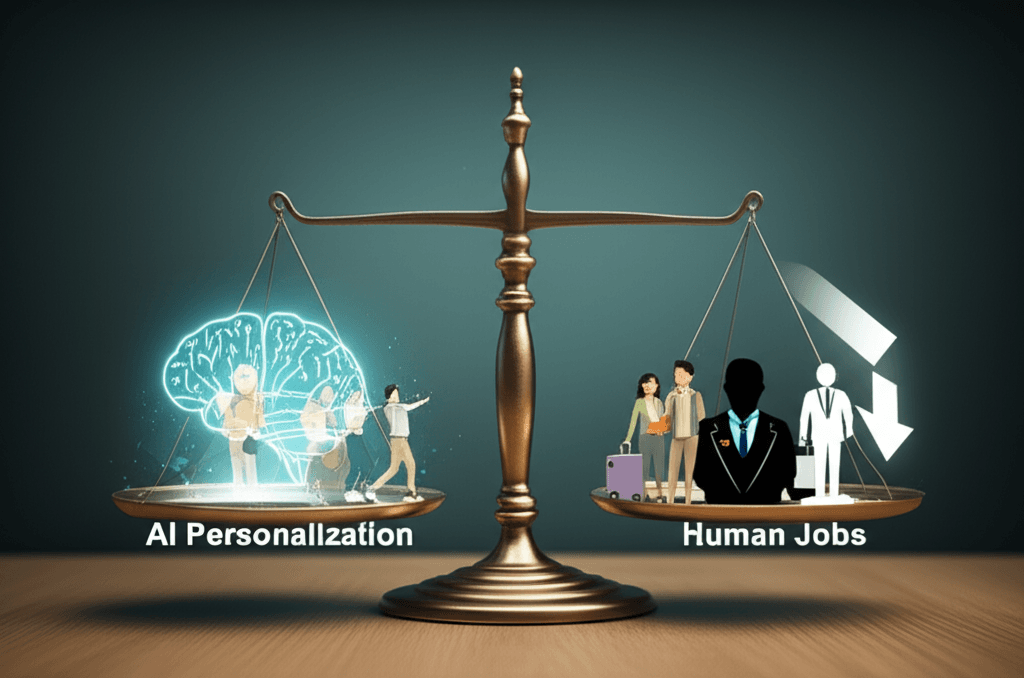 A balanced scale showing AI personalization outweighing human jobs in the tourism industry.