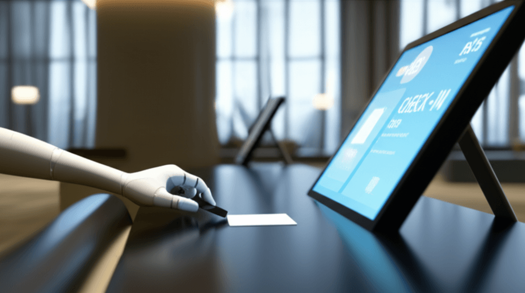 An empty, modern hotel lobby featuring only a robotic arm and a self-check-in kiosk, symbolizing job automation.