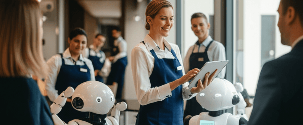 A hotel manager leads a team of human employees and robots, showcasing a positive future for AI integration.