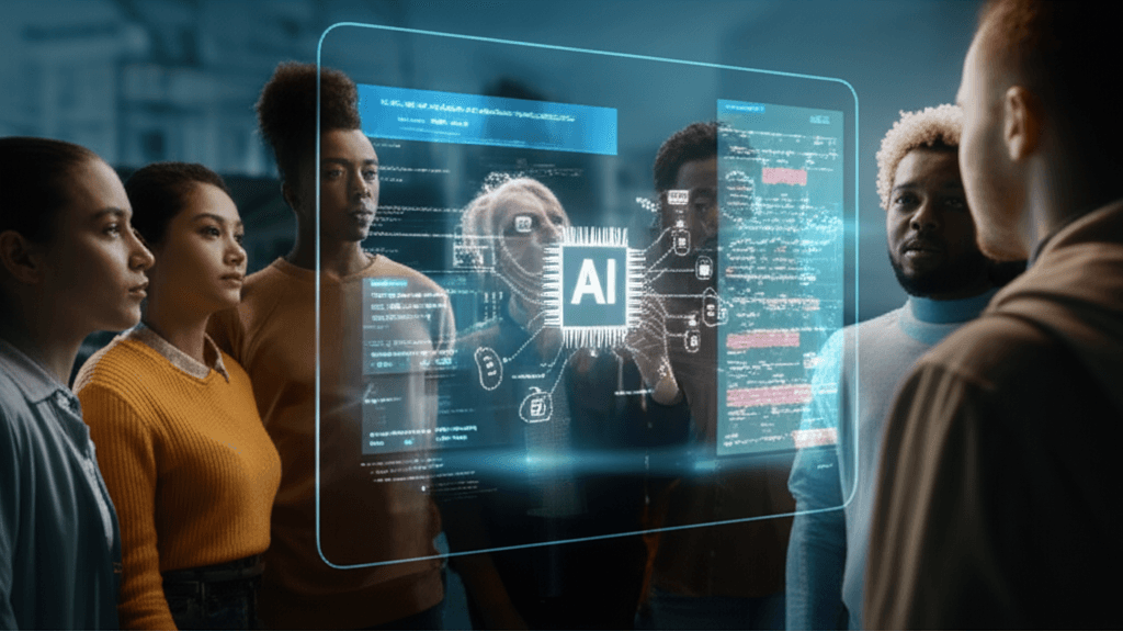 Diverse group of young people successfully finding tech jobs with the help of an advanced AI system.