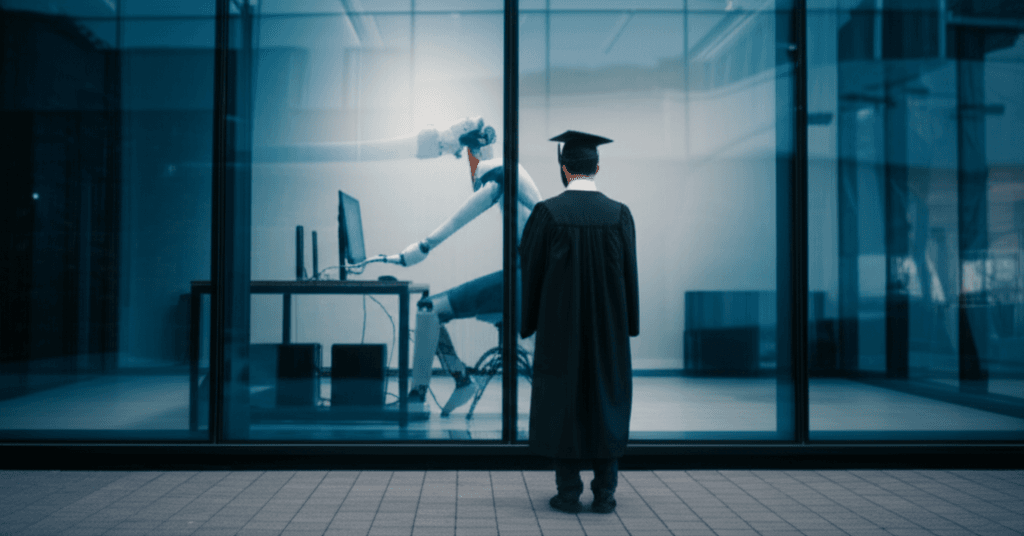 A graduate looks on as a robot performs the tasks of a coding internship, symbolizing displacement by AI.