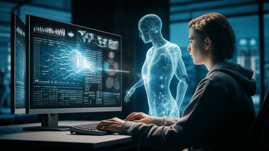 A young IT professional working in tandem with an AI partner to solve a complex problem.