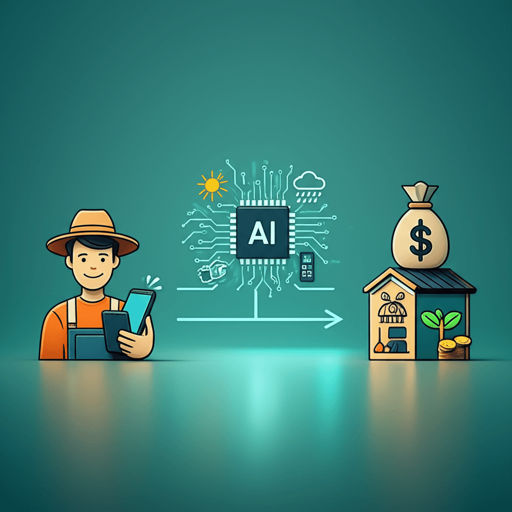 Flowchart demonstrating how AI processes alternative data to approve a microloan for a rural entrepreneur.
