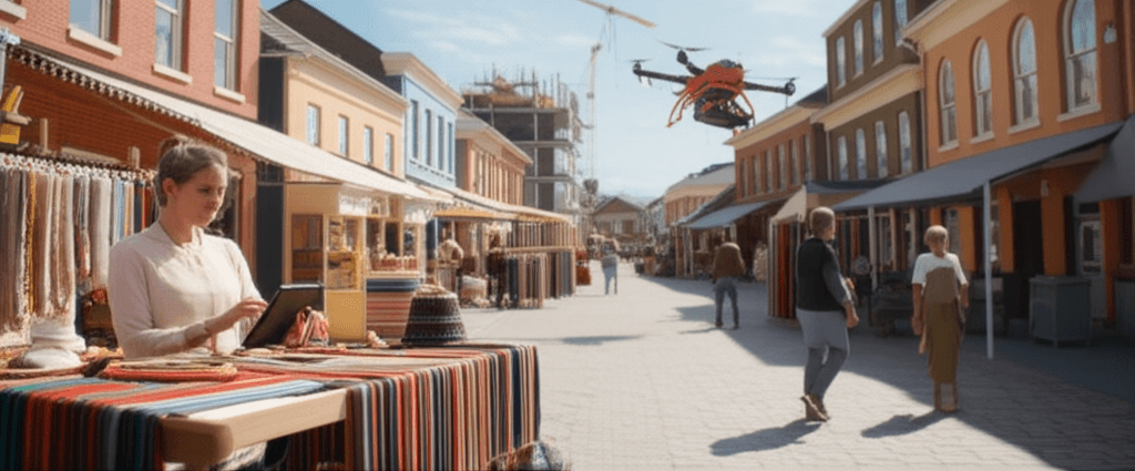 A bustling rural market, showcasing the economic prosperity brought by increased access to financial services.