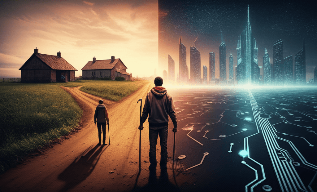 A person at a crossroads, symbolizing the difficult choice and skill gap between traditional rural life and the digital demands of the modern economy.