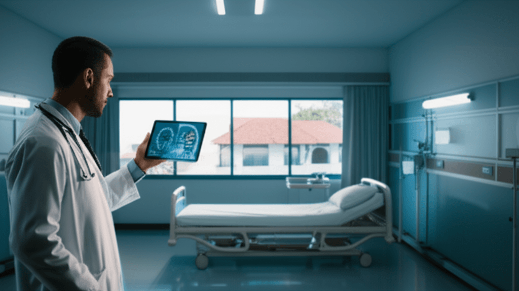 A doctor in a Sri Lankan hospital utilizing AI technology on a digital tablet.