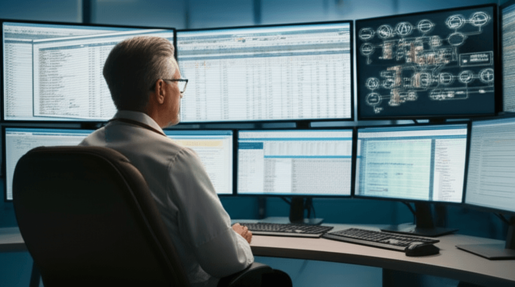 A frustrated doctor facing multiple computer screens, illustrating workflow disruption from new technology.