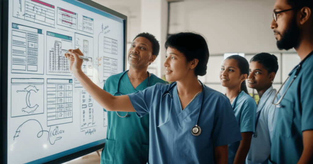 A team of doctors and tech developers working together to improve healthcare AI.