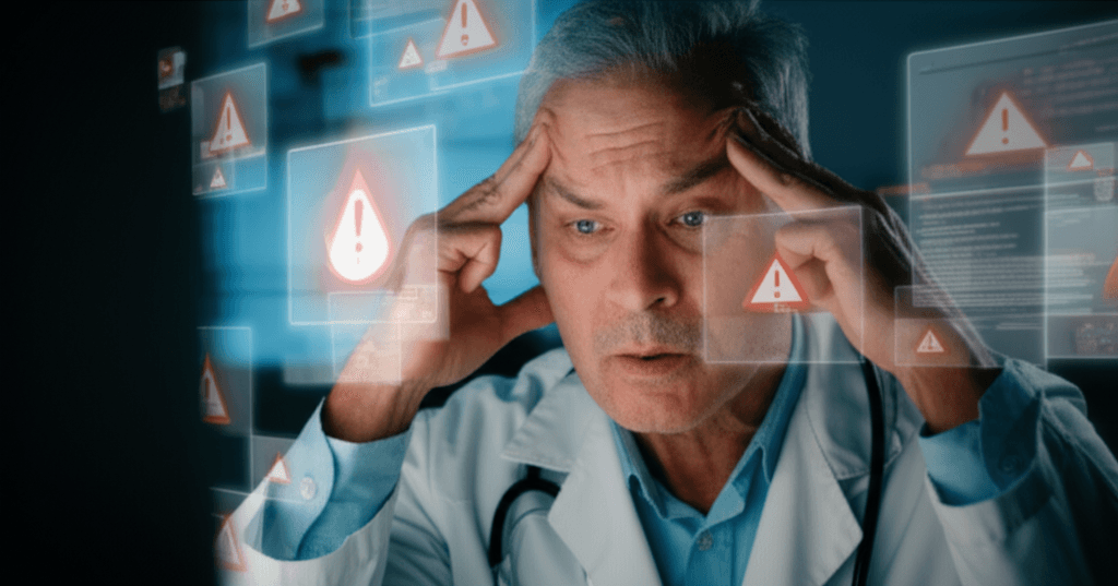 A frustrated doctor experiencing alert fatigue from a poorly designed AI system.