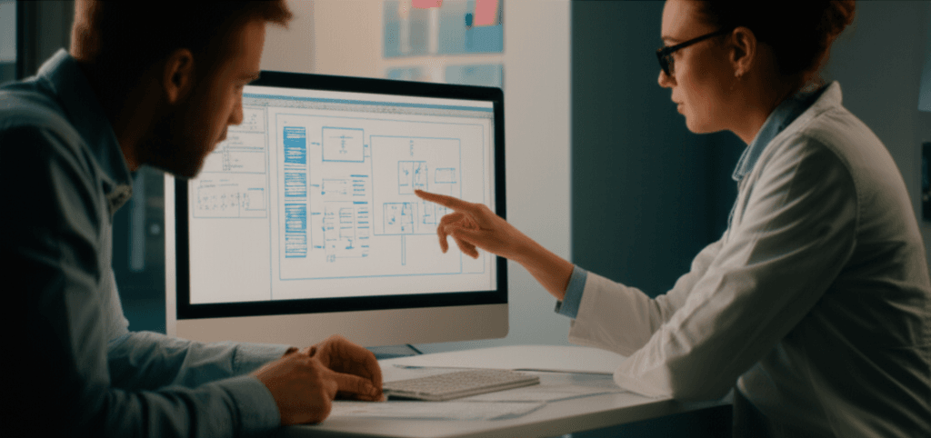 A doctor and a tech developer working together to improve an AI diagnostics user interface.
