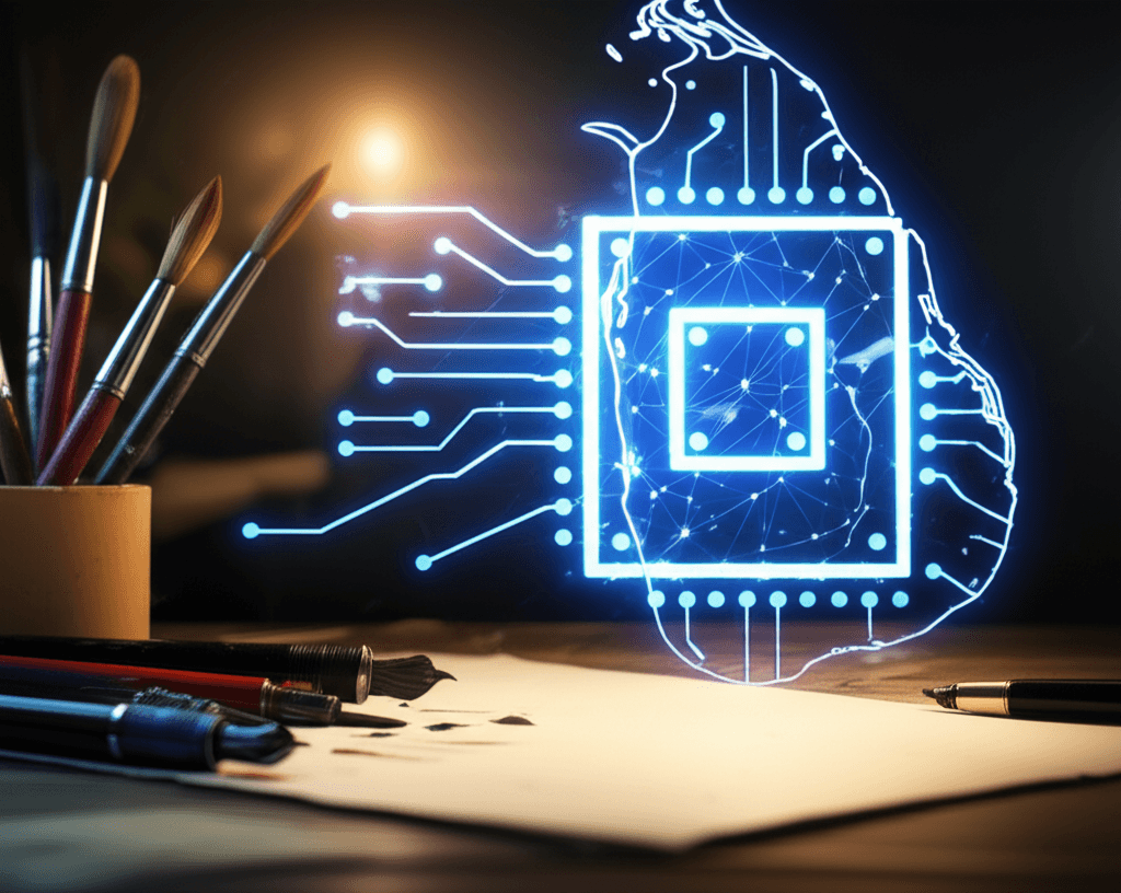 A digital wave representing AI looming over traditional creative tools, symbolizing the disruption in Sri Lanka.