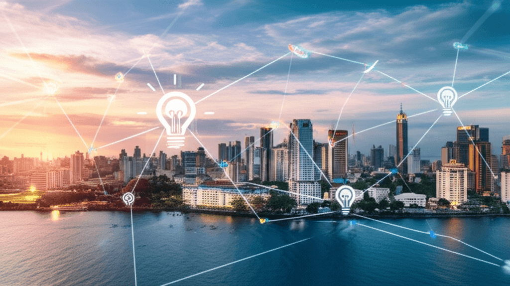 A futuristic view of Colombo, representing a bright future for Sri Lanka's AI-augmented creative industry.