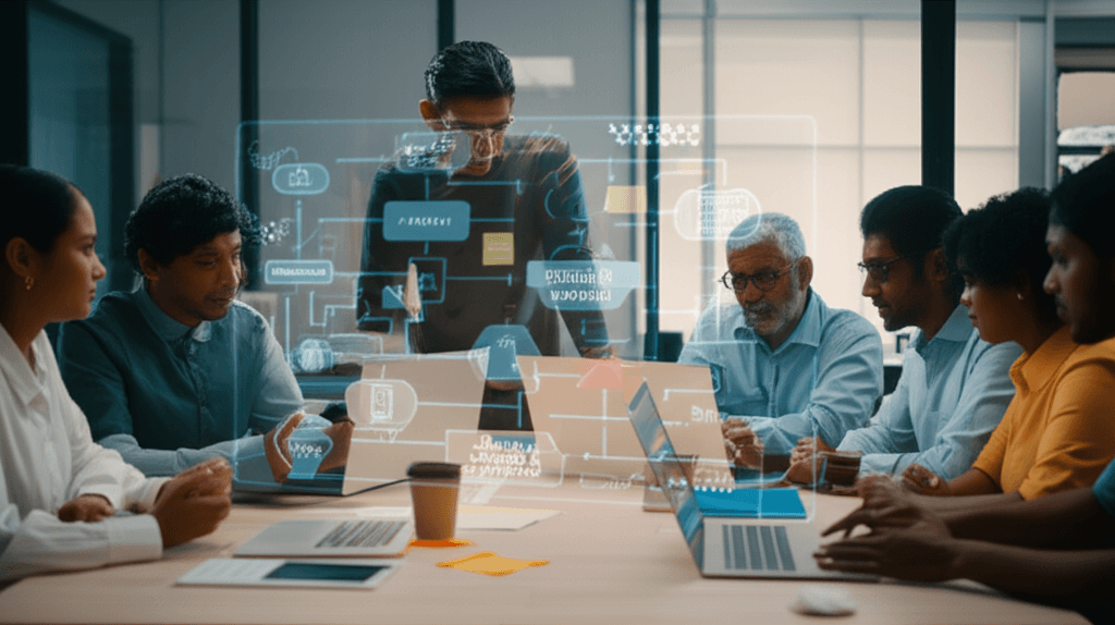 Sri Lankan creatives engaged in an ethical AI reskilling workshop, learning to become AI strategists.