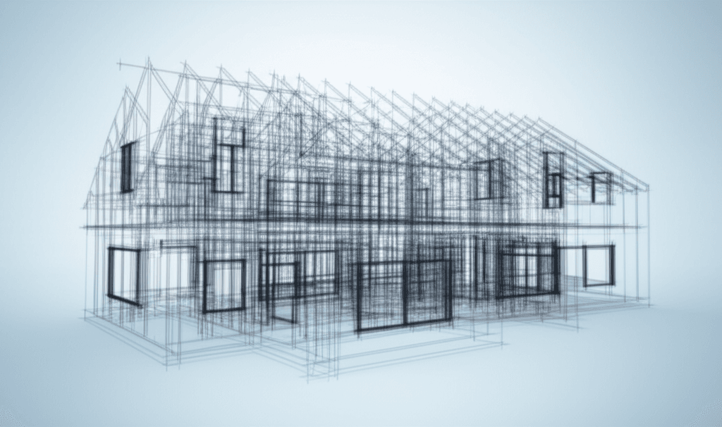 A digital wireframe showing the foundational skeleton of a house, symbolizing a content outline.