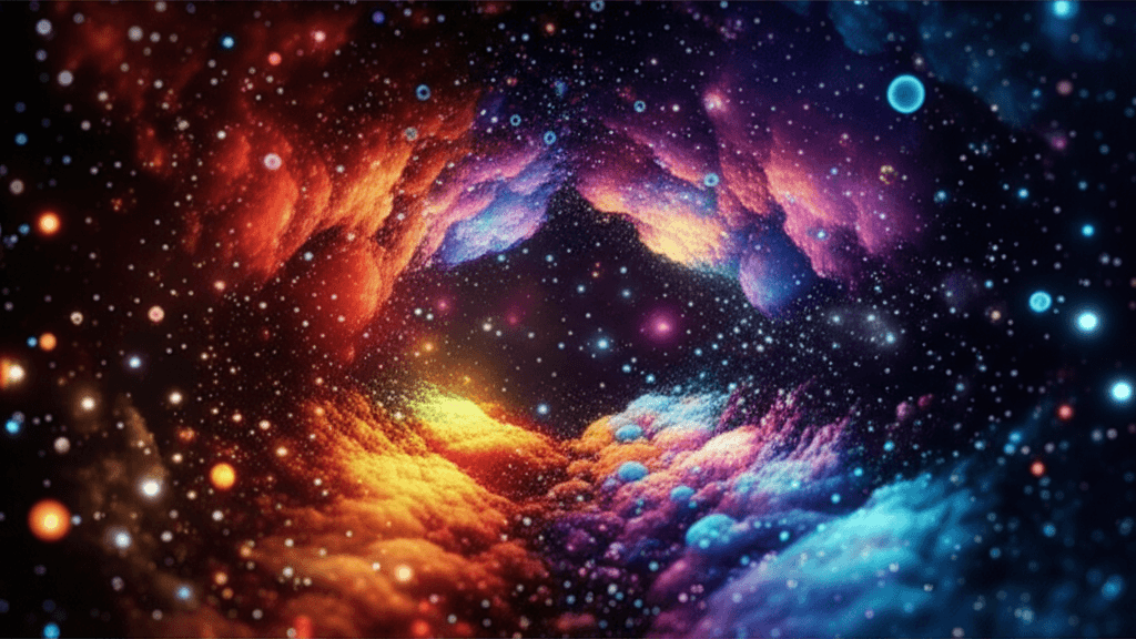 A vibrant depiction of quantum foam, showing particles emerging from the vacuum of space.