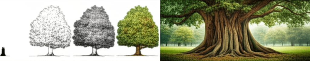 The process of a simple sketch being filled in with color and detail to become a finished painting.