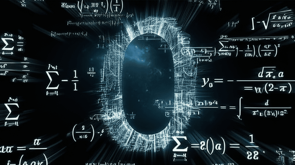 The number zero artistically constructed from glowing mathematical equations.