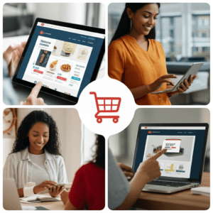 People shopping online with devices.