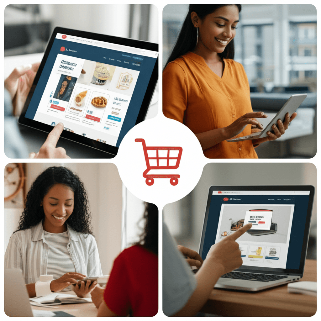 People shopping online with devices.