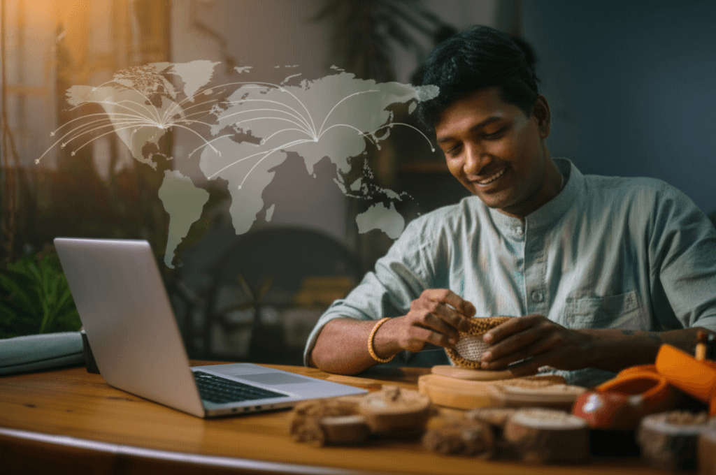 A vibrant, optimistic image showing a Sri Lankan artisan packaging&hellip;