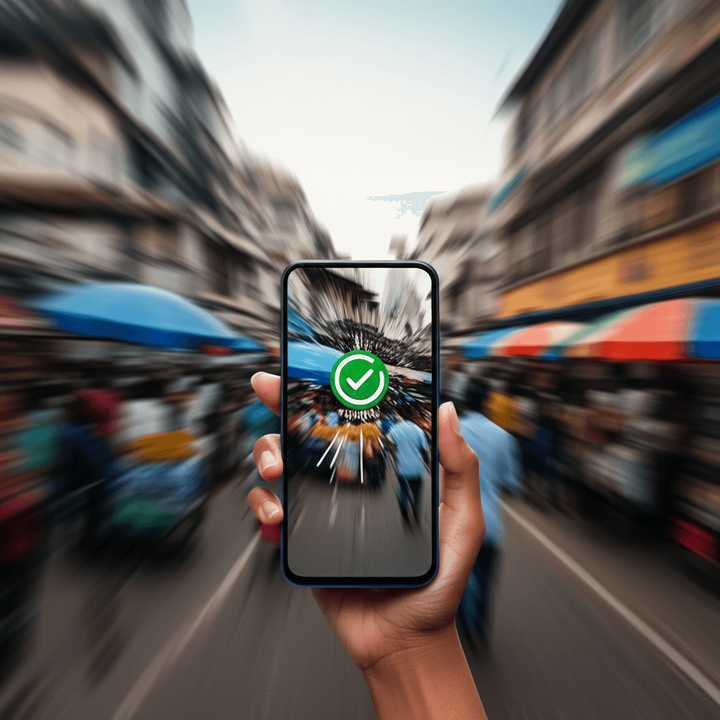 A smartphone showing a fast-loading website in a busy Colombo market.