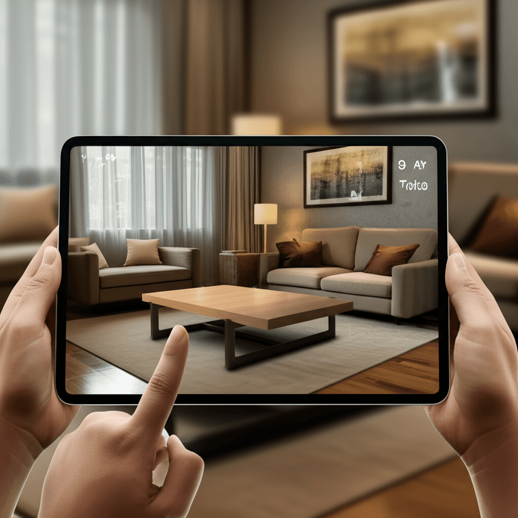 User engaging with a WebAR product preview for a furniture item on a tablet.