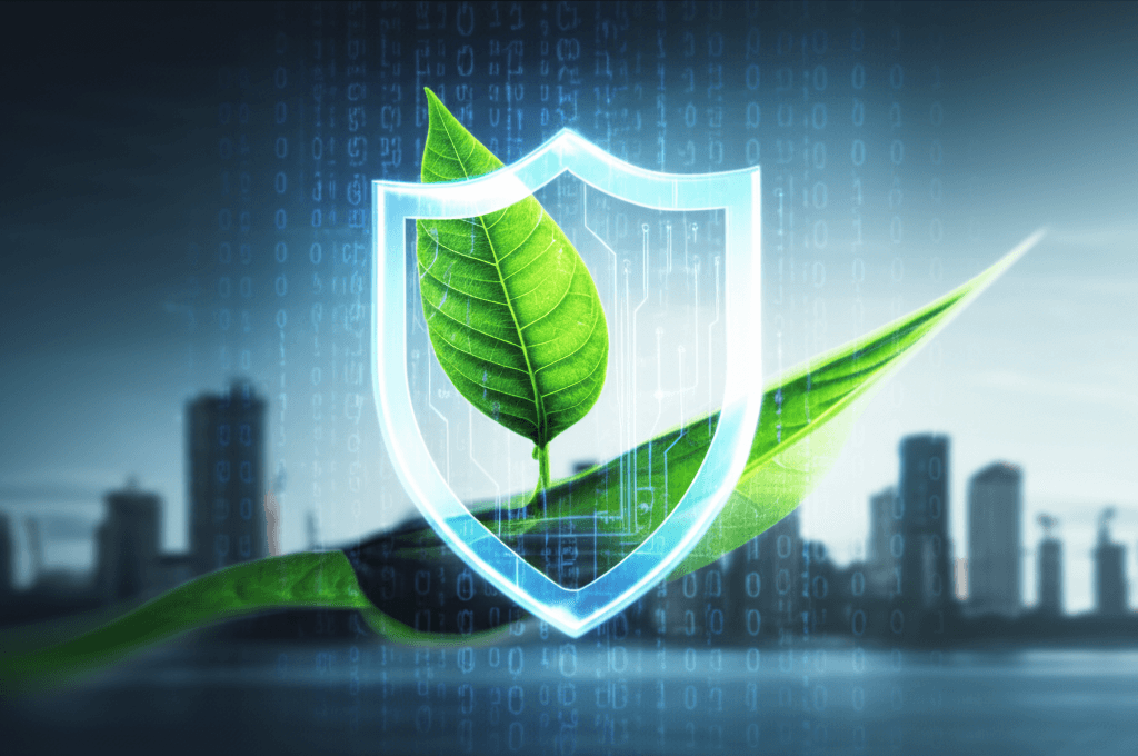 A shield intertwined with a green leaf, symbolizing secure and sustainable web design.