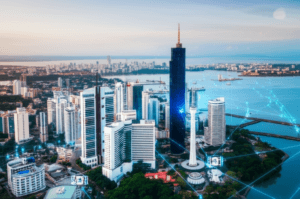 A futuristic, sleek digital interface overlaying a vibrant, modern Colombo&hellip;