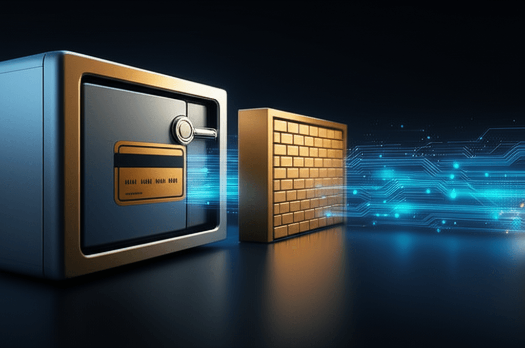 A credit card being protected by a digital firewall, representing secure payment processing.