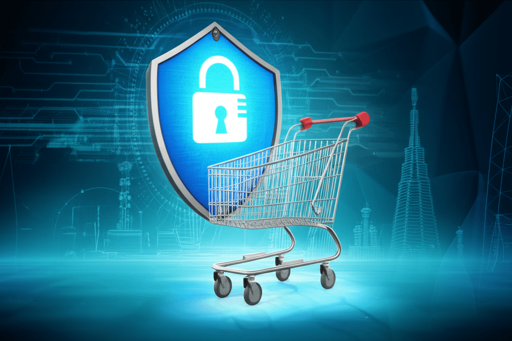 A stylized illustration showing a shopping cart protected by a&hellip;