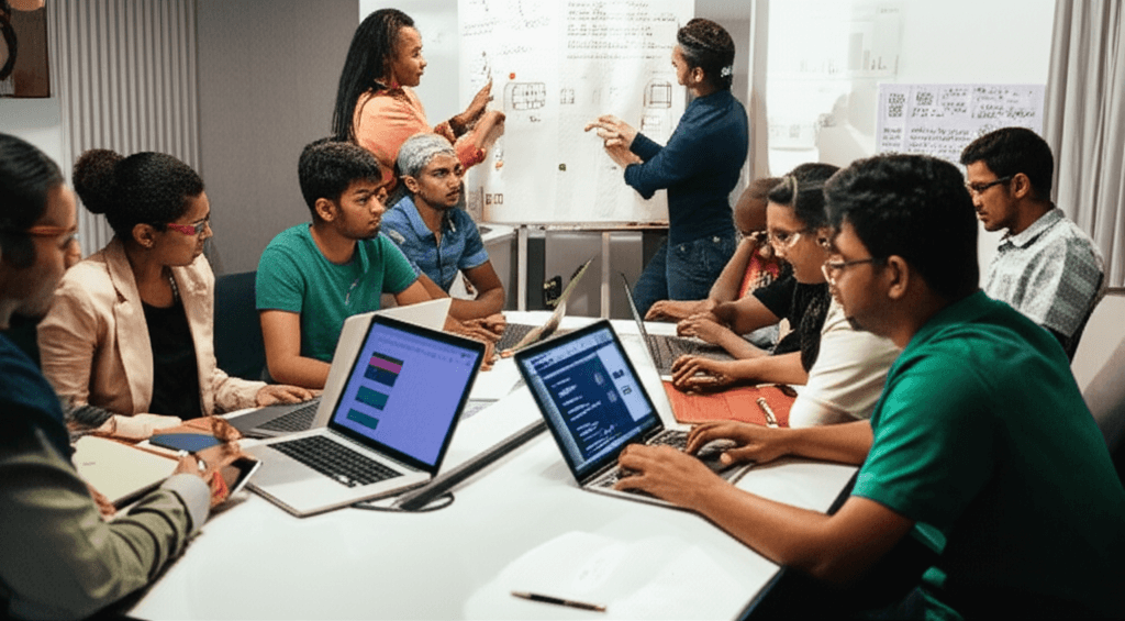 A team of Sri Lankan web developers collaborating in a modern office.