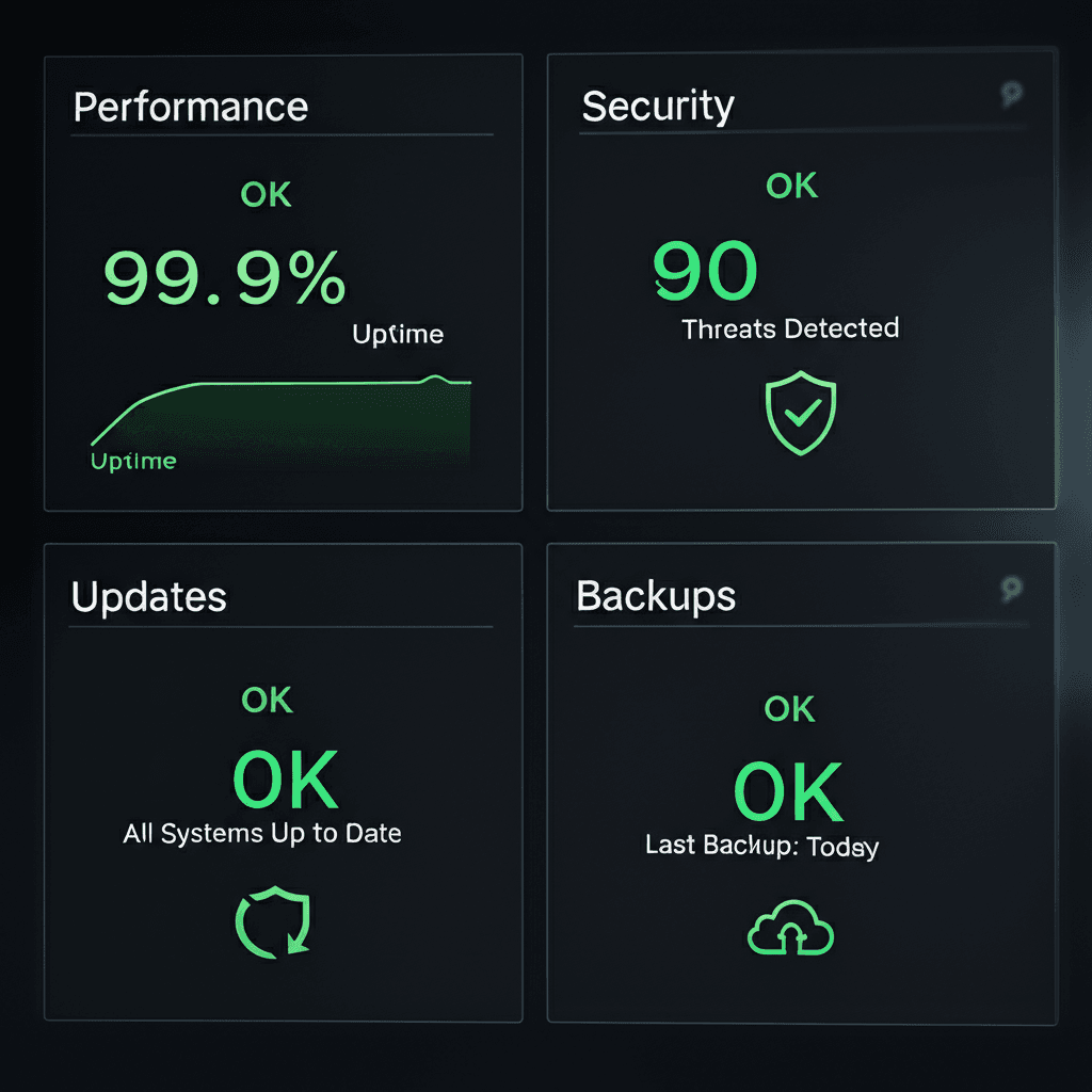 A dashboard showing the four core pillars of online shop maintenance.
