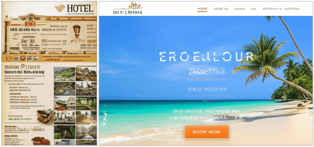 A split-screen image. On the left, a cluttered, old-fashioned hotel&hellip;