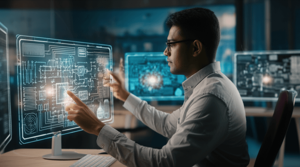 A Sri Lankan engineer in a new high-skill AI-augmented role, designing a system.