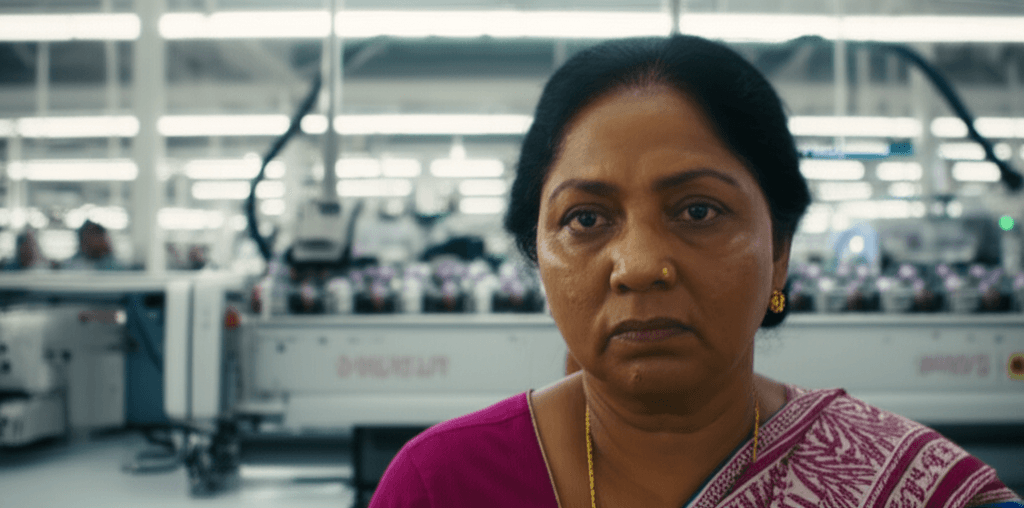 A displaced Sri Lankan garment worker, representing job losses due to factory automation