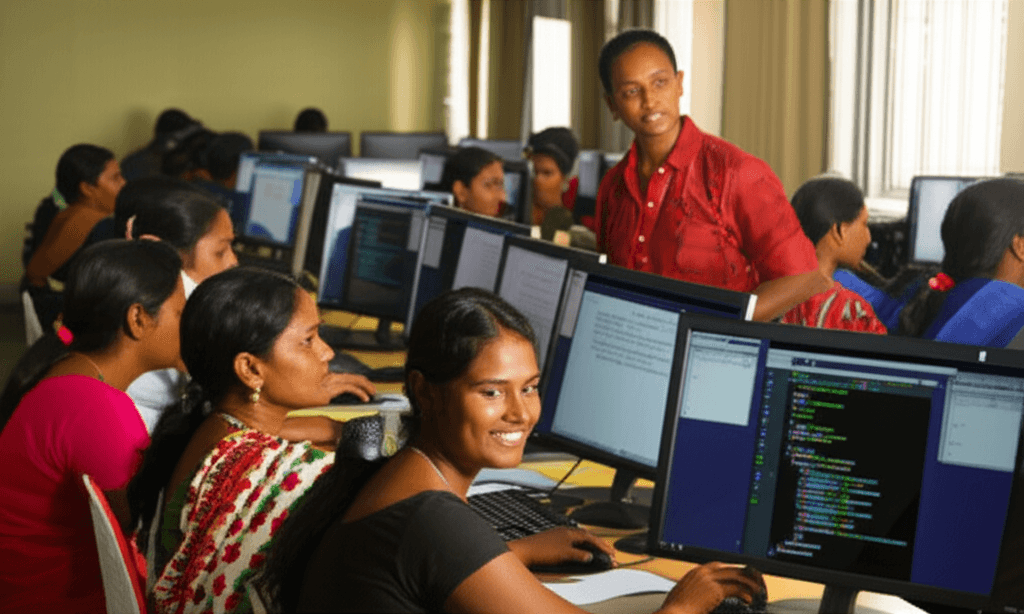 Former factory workers in Sri Lanka learning new digital skills in a reskilling program