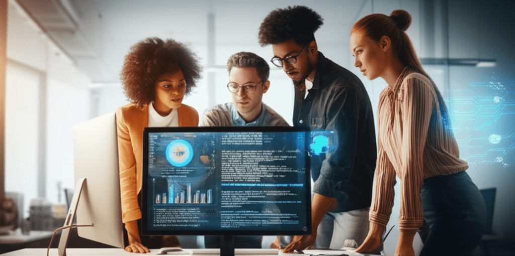 A diverse team of young IT professionals collaborating in a modern office.