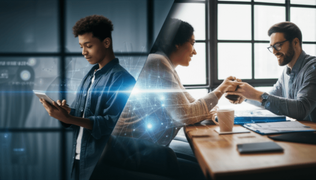 A split image showing a student building their online portfolio and a manager mentoring an intern.