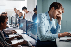 A split-screen image. On the left, a diverse group of&hellip;