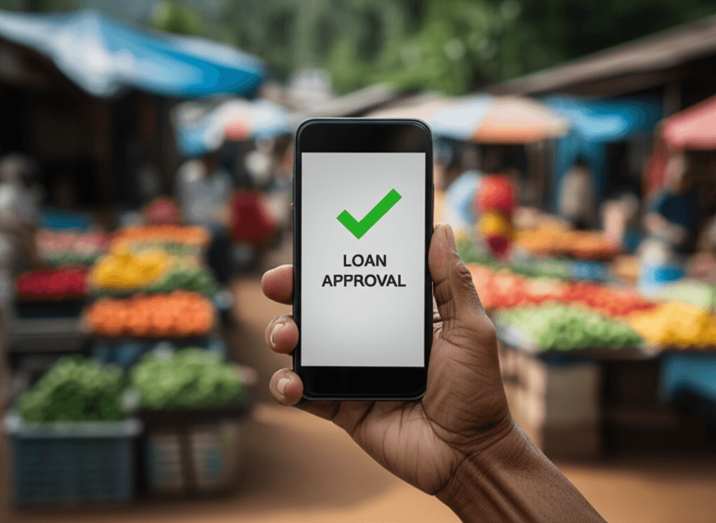 An AI microloan is approved on a smartphone, bringing capital to a rural business.