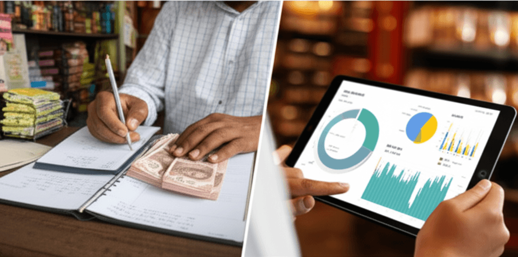 Contrasting manual bookkeeping in a rural shop with digital analytics in an urban cafe.