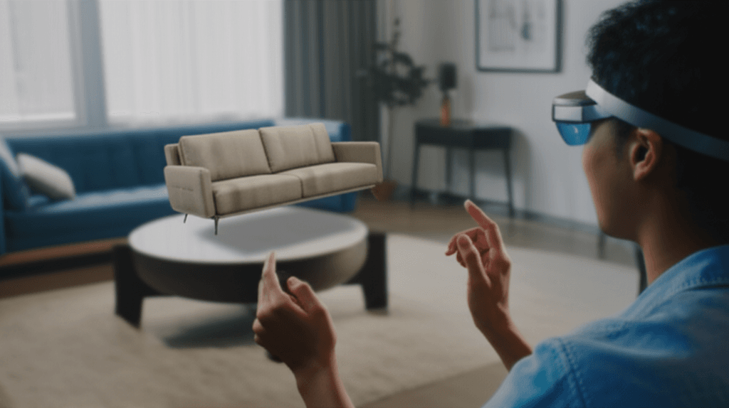 A user interacting with an immersive 3D product model via a spatial web interface.