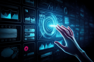 An ultra-modern, futuristic website interface with holographic elements, glowing data&hellip;