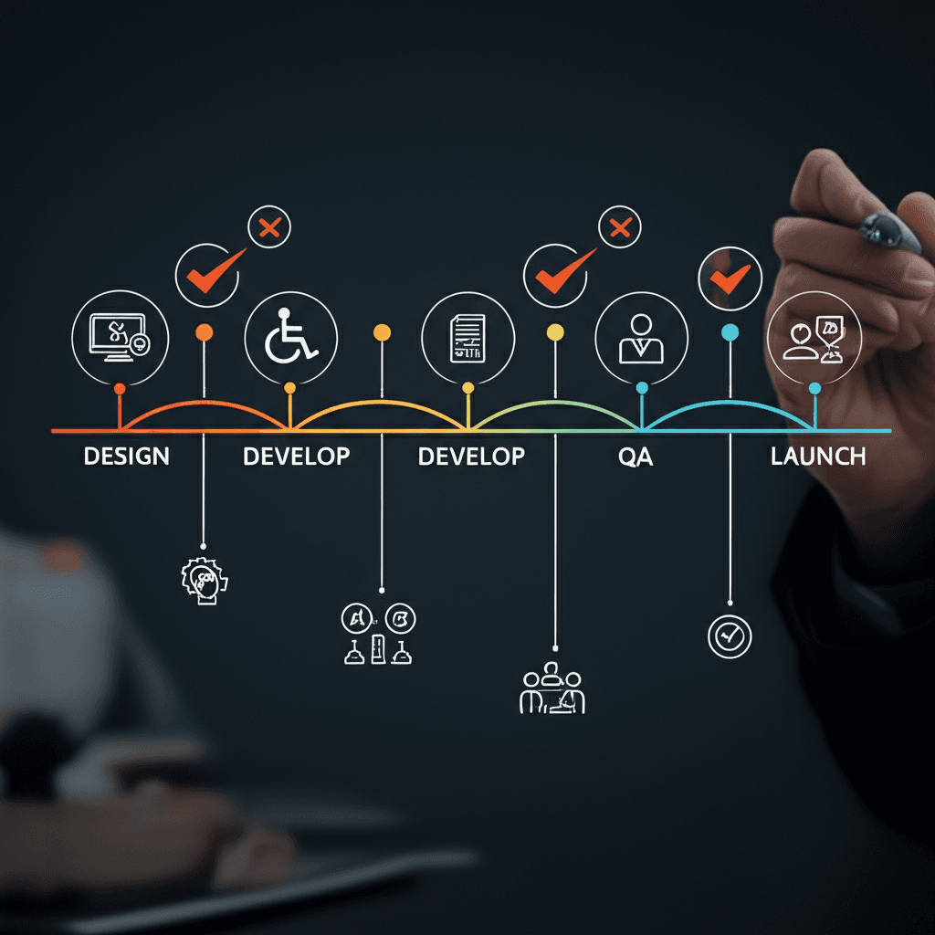 A diagram showing how to integrate accessibility into each stage of the web design workflow.
