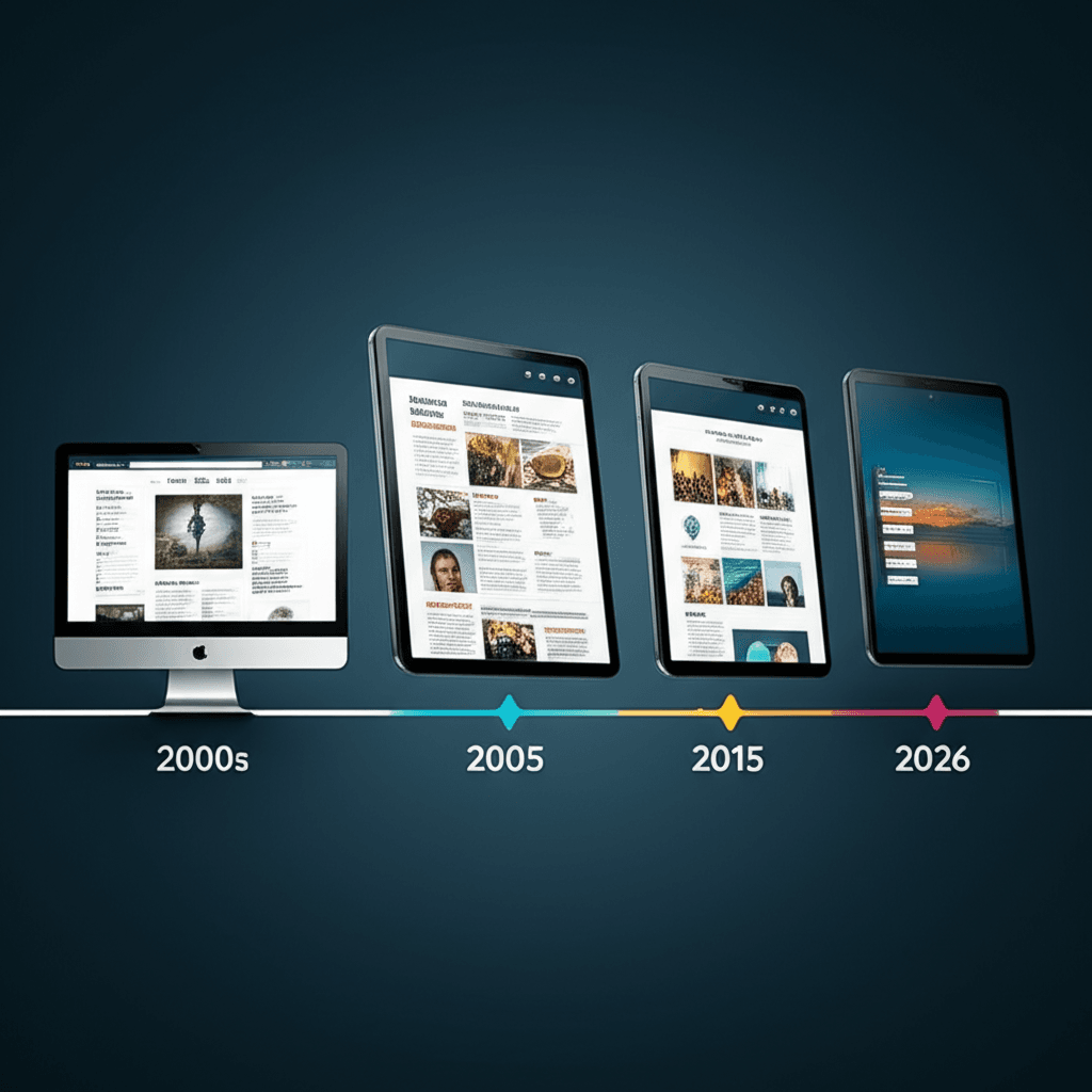 Timeline showing the evolution of web design to modern responsive layouts.