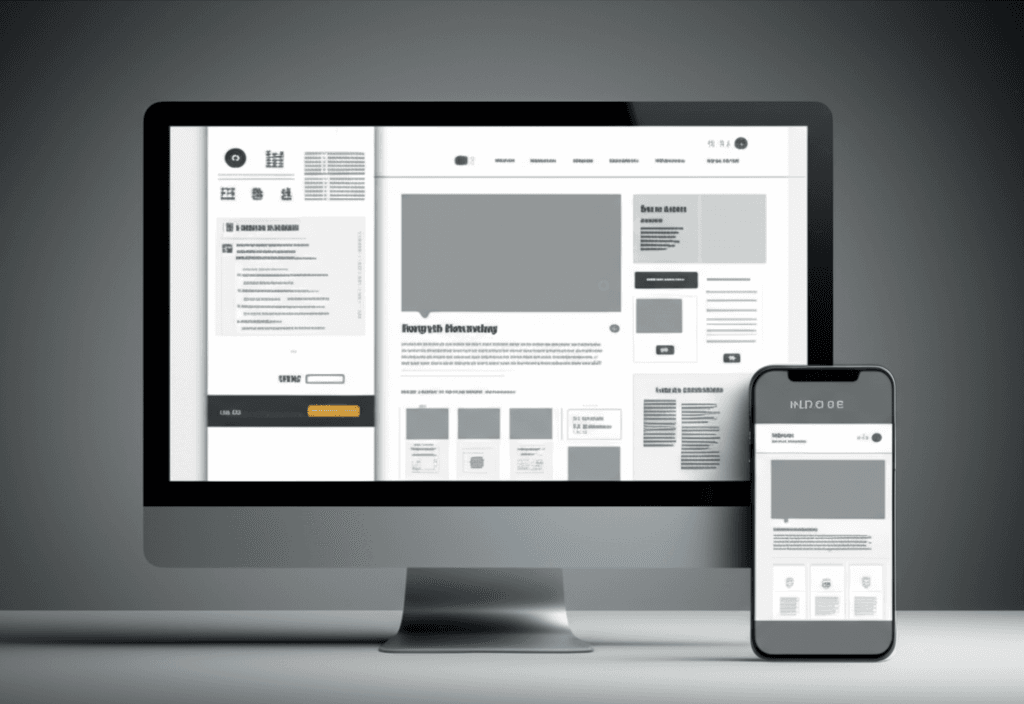A wireframe showing a responsive website layout on desktop and mobile.