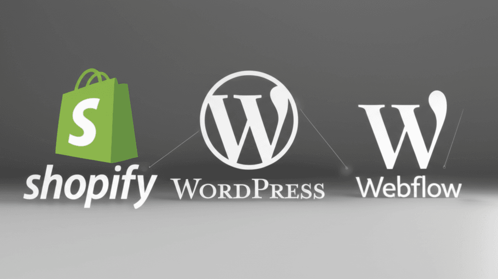 Logos of popular website platforms Shopify, WordPress, and Webflow.