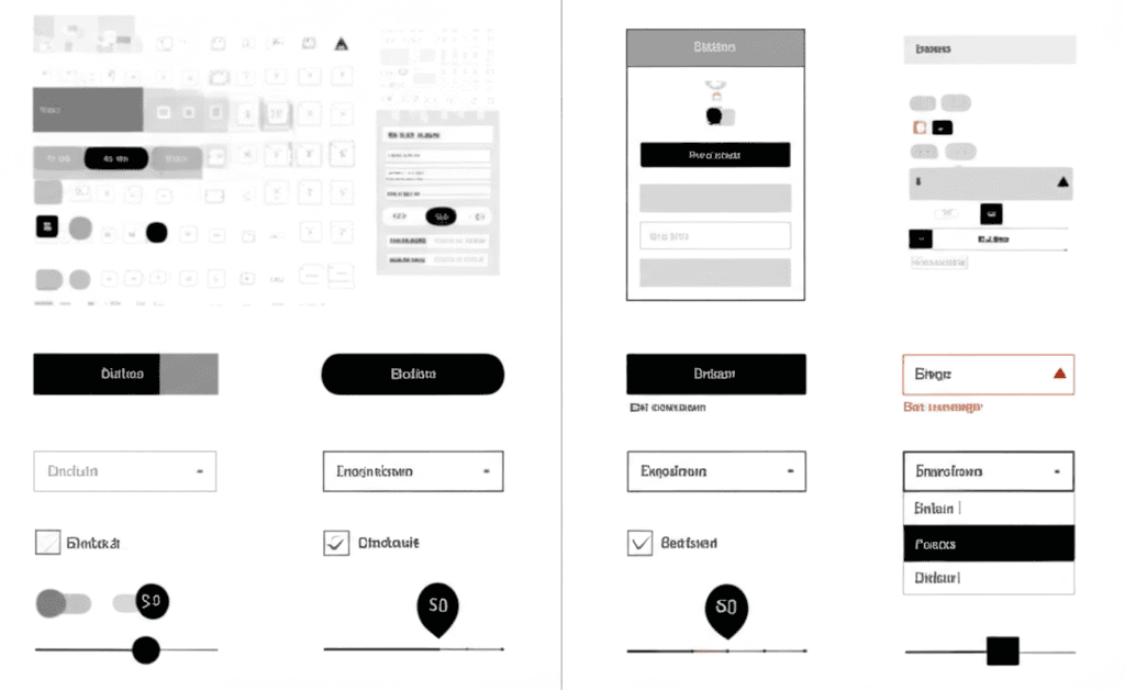 Comparison of inconsistent UI elements versus an organized design system.