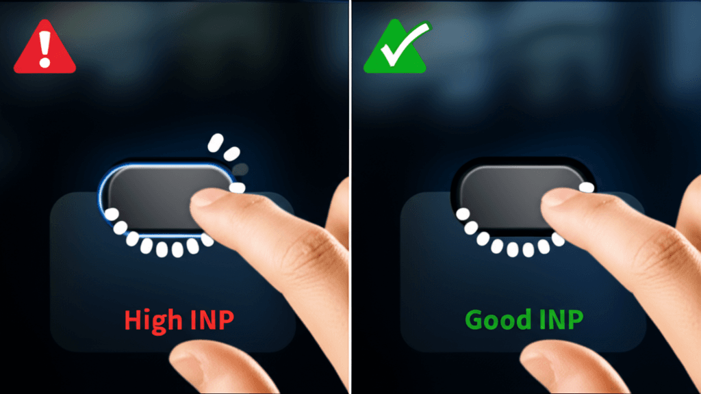 Illustration comparing a poor INP response to a good INP response after a user clicks.