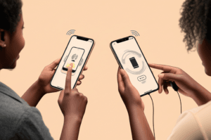 A group of diverse individuals using accessible features on their mobile phones.